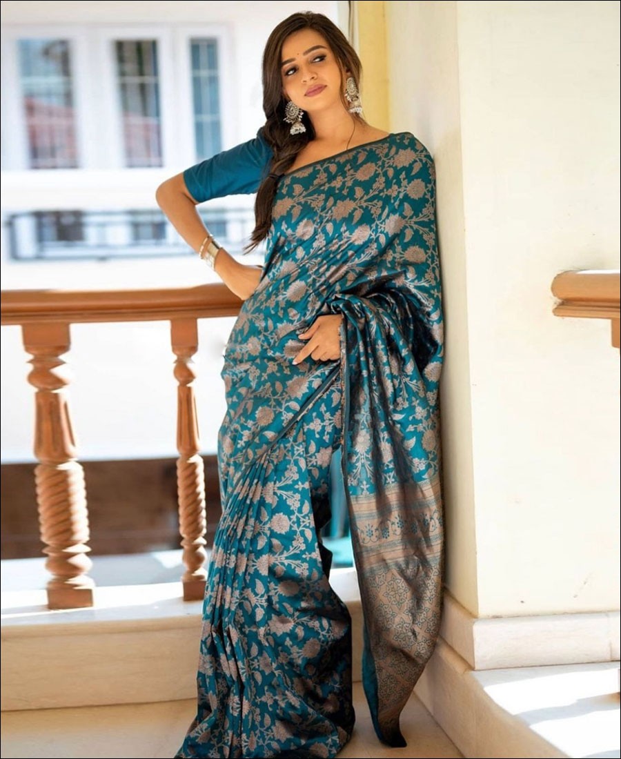PEACOCK GREEN and ROYAL BLUE FLORAL JAAL SILK Saree with KANCHIPURAM