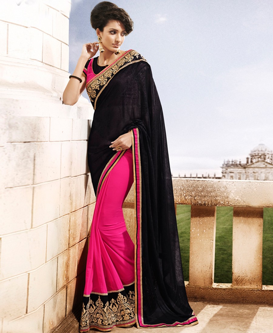 KF - Black and pink georgette border lace saree