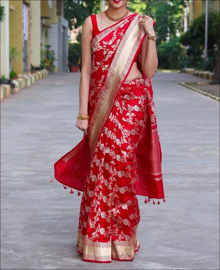 CM - Red Colour Lichi Silk Saree - Latest Sarees - New In - Indian