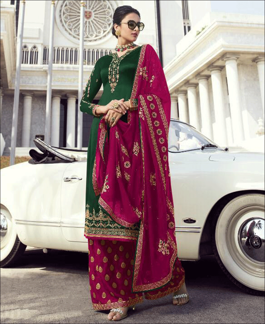 Super model green and pink Faux georgette Palazo style Suit
