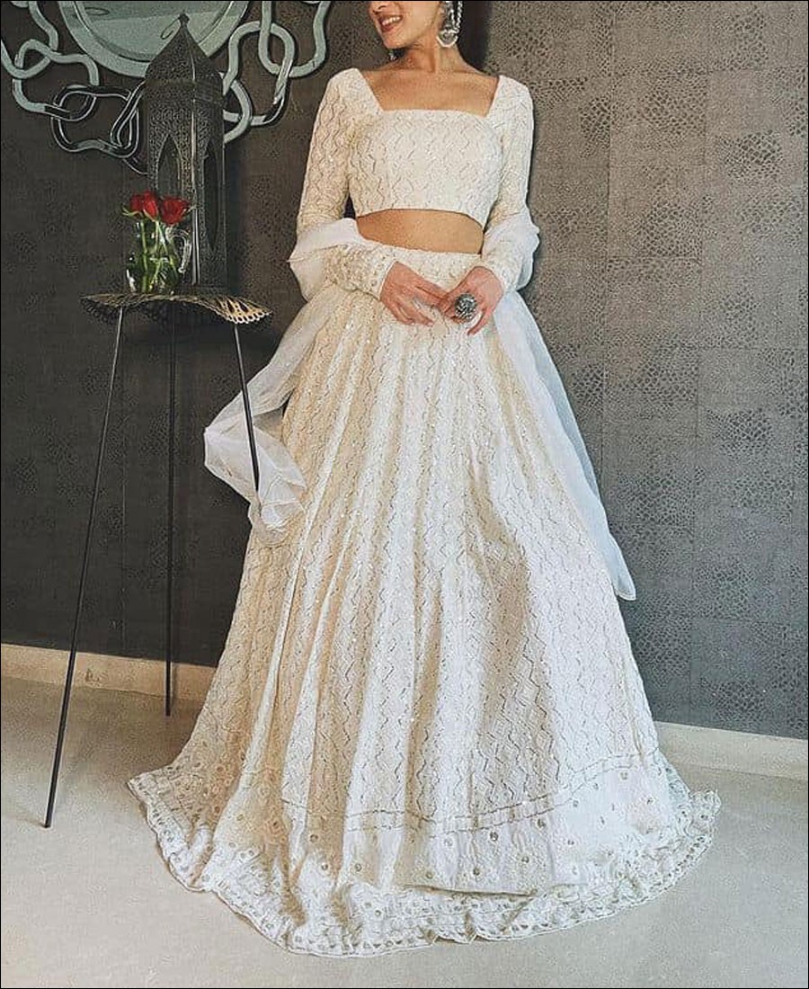 RE - White Partywear Embroidered Work Georgette Lehenga Choli