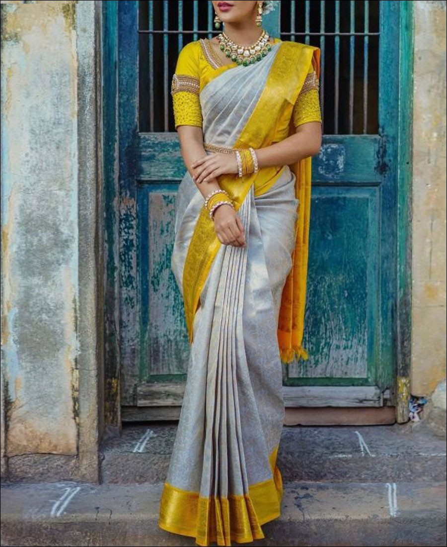 SF-Yellow color Soft Lichi Silk saree - Indian