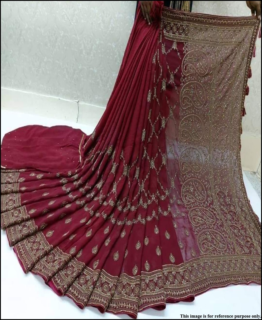 VF - Elegant Red Faux georette heavy embroidered,stone work saree