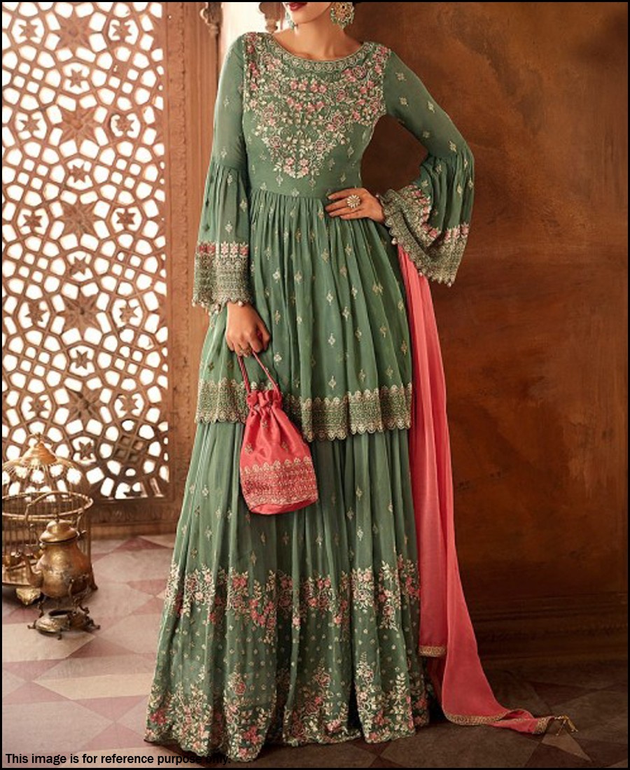 VF - traditinal olive green multi color thread embroidered sharara suit