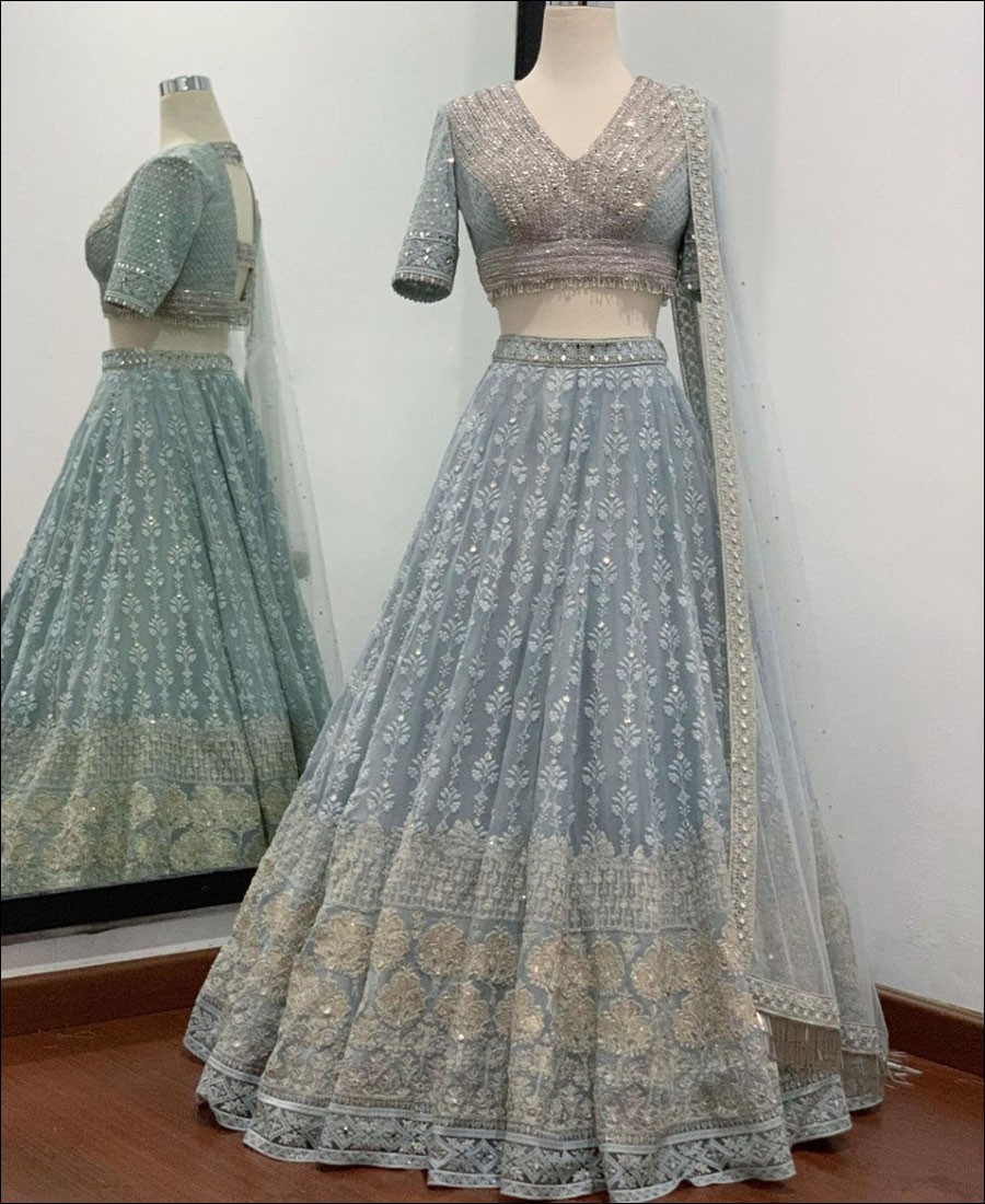 RE - Grey Colored Sequence Embroidery Work Georgette Lehenga Choli