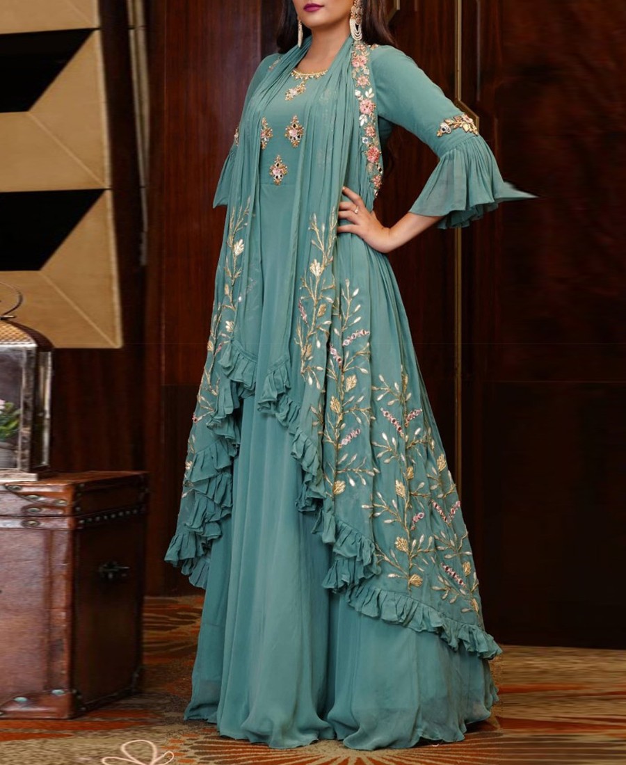 RE - Rama Coloured Party Wear Georgette Gown With Dupatta