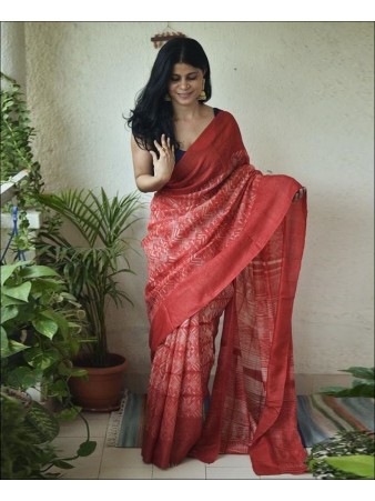Digital Printed Cotton Casual Wear Red Saree