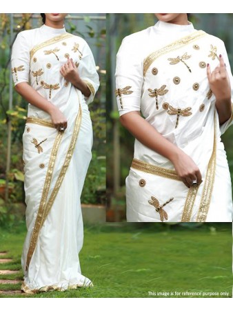RE - Classy white paper silk embroidered saree