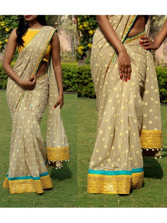 RE - Entrancing Goldenrod Georgette Fabric Thread work saree