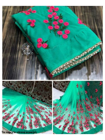 RE - Winsome green soft mono net pearl work border saree