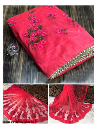 RE - Winsome pink soft mono net pearl work border saree