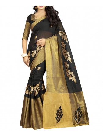 BF - Black Embroidery Poly cotton saree with blouse