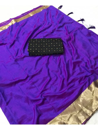FC - Elegant Purple Sana silk Golden Zari border work Saree