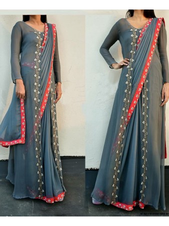 GW - Glamorous Grey silk embroidered saree with koti