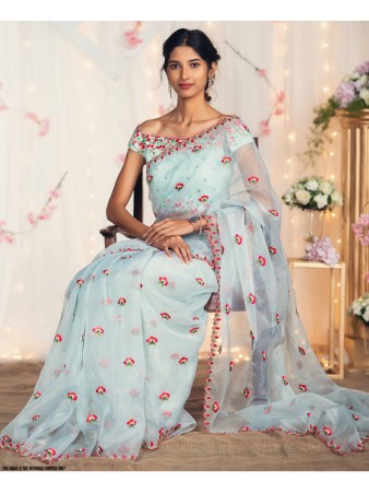 PR - Stunning skyblue nylon net embroidered saree