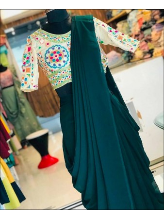 RE - Elegant Peacock Green Colored Faux Georgette Saree