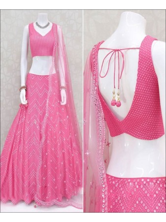 RE - Pink Colored Faux Georgette Emboidered Work Lehenga Choli