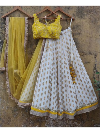 RE - White and Yellow Coloured Jaquard Silk Embroidered Lehenga Choli