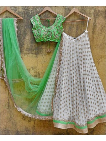 RE - White and Green Coloured Jaquard Silk Embroidered Lehenga Choli