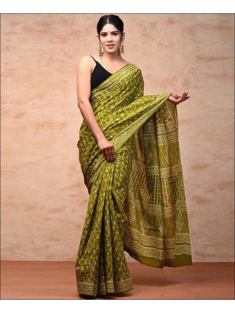 RE - Elegant Mehandi Green Color Linen Digital Print Saree