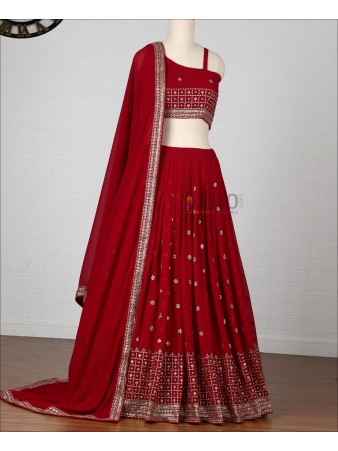 Red Colored Georgette Sequence Embroiodery Work Lehenga Choli