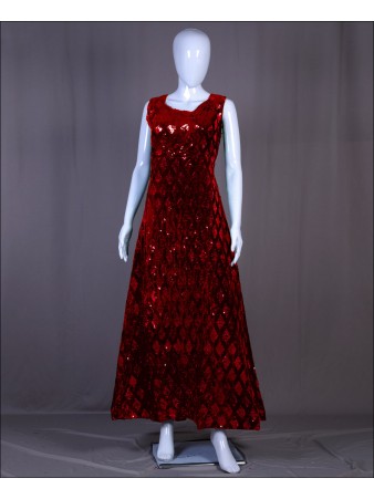 Red Velvet Sequence Embroidered Work Gown