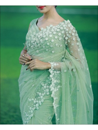 Sea Green Butterfly net embroidery Saree