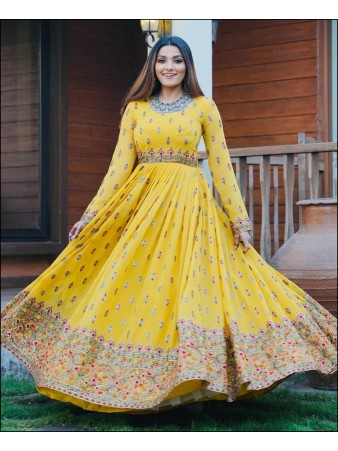 RE - Yellow Color Faux Georgette Stitched Gown With Dupatta