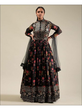 RE - Black Color Faux Georgette Floral Print Gown